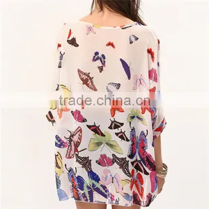 2017 Ladies Boho Batwing Sleeve Chiffon Butterfly Neck Design Blouse thumbnail-4