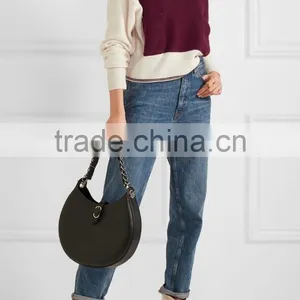 V-Neck Burgandy and Ivory Color Combination Women's Cashmere Sweater in Raglan Sleeves Design thumbnail-4
