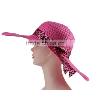 Leapord Chiffon Band Wide Brim Bucket Straw Cap Summer Outdoor Beach Hat thumbnail-4