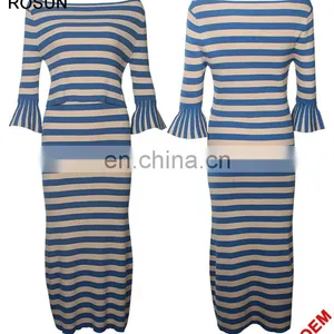 Women's Flare Sleeves Strips Long Knit Skirt Suits thumbnail-1
