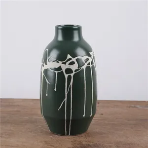 Dark Green Hand Carve Irregular Line Creative Ceramic Flower Vase Pot For Plant Decor thumbnail-3