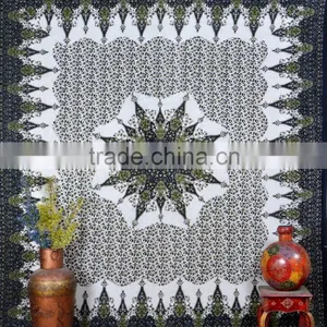 Indian Tapestry Cotton Green Floral Print Vintage Wall Hanging Tapestries Throw Mandala Print Bedsheet thumbnail-1