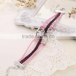 Wholesale Handmade Layers Leather Double Heart Charming Bracelet Weave Women Jewelry thumbnail-2