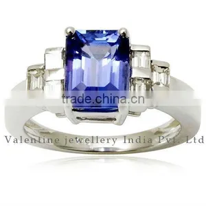 Emerald Cut Tanzanite With Princess Cut Diamond Solid 18k White Gold Engagement Ring thumbnail-1