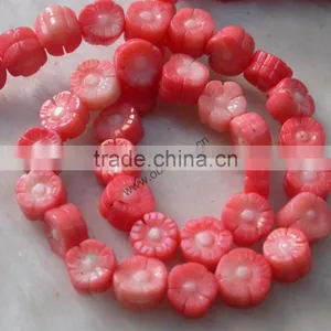 16" 10mm Pink Coral Beads Carved Flower Shaped Loose thumbnail-1