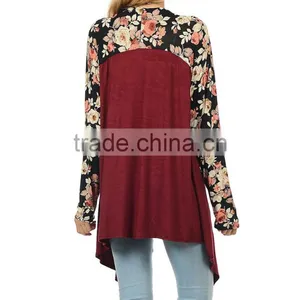 OEM Wholesale Women Fashion Long Sleeve Wine Black Floral Open Cardigan Sweaters thumbnail-4