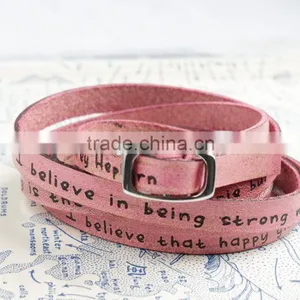 Words/text Engraved Leather Wrap Bracelet, Custom Logo Hand-stamped Leather Bracelet, Adjustable Long Leather Wrap Bracelet thumbnail-1