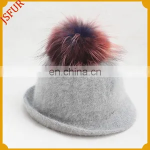 Hot Sale Top Quality Genuine Raccoon Fur Pompom Woolen Hat thumbnail-3