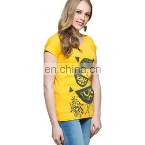 2015 New Arrival Wholesale Garments Customize Made Women Top Yellow Elegant Print Fashionable Hot T-shirt for Girls thumbnail-4