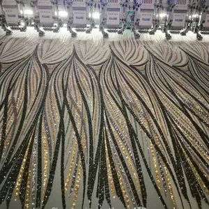 Stripes Sequins Wedding Embroidery Lace Bead Sequin Indian Bridal Lace Fabric thumbnail-1