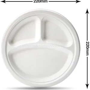 9 Inch Heavy-Duty Plates Low Price Package 100% Compostable 500 Pack 3 Compartment Eco-Friendly Disposable Sugarcane Pulp Bagasse Plates thumbnail-1