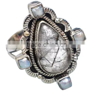 BLACK RUTILE & PEARL RING ,WHOLESALE SILVER JEWELRY,SILVER EXPORTER,SILVER JEWELRY FROM INDIA thumbnail-1