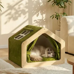 Solid Wood Pet House Cat Villa House for All Seasons Dog and Cat Pet Beds With Tent Semi-enclosed Insulation thumbnail-4