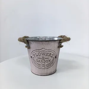 Vintage Distressed Galvanized Metal Flower Bucket With Rope Handles, Embossed 