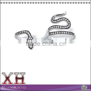 Silvertone Pave Black Spinel and Cubic Zirconia Coiling Two-Finger Snake Ring thumbnail-1