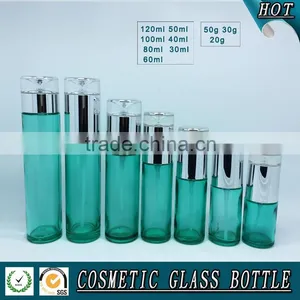 Empty Green Colored Glass Cosmetic Bottle and Cosmetic Glass Cream Jar thumbnail-2