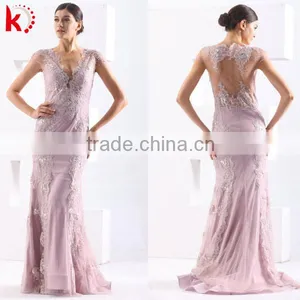 Gorgeous V-neck Cap Sleeve Pretty Appliqued Beaded Sequins Real Sample Prom Dress thumbnail-1