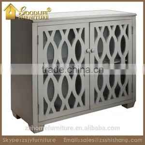 Antique White Finish Console Cabinet With Window Lattice thumbnail-1
