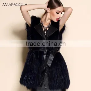 Hot Sale Dark Blue Sliver Fox Fur Vest With Leather Vest thumbnail-1