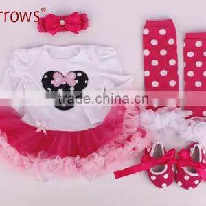 4Pcs Set Baby Newborns 2016 Summer Cotton Long Sleeve Bodysuit High-heeled Shoes Print Ruffles Baby Girl Clothing Sets thumbnail-5