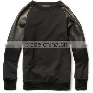Fleece Hooded Sweatshirts With Leather Sleeve/wholesale Crewneck Sweatshirts With Leather Sleeve and Sublimation Printing Body f thumbnail-1