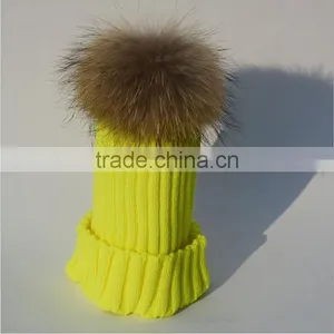 Children Hat Kids Hat Children Winter Raccoon Fur Hats 100% Real 15cm Fur Pompom Beanies Cap Natural Fur Hat For Kids Children thumbnail-1