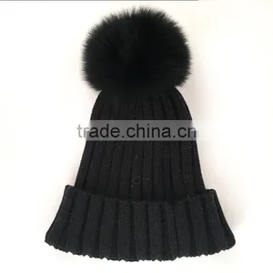 Myfur Hot Sale Black Winter Crochet Beanie Hat With Removable Fox Fur Bobble thumbnail-2
