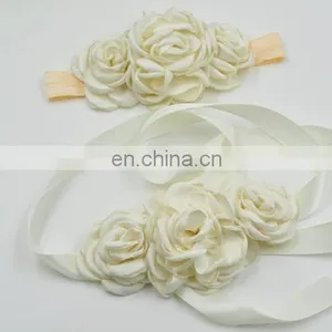 Natural Blossom Bridal Sash Matching Headband Set With Cream Beige Floral Hair Piece Photo Prop thumbnail-2