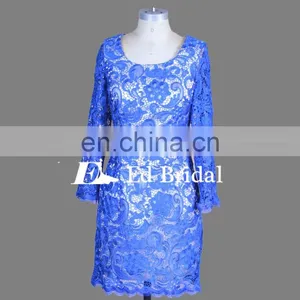 Cheap Royal Blue Scoop Neckline Knee Length Short Lace Pattern Evening Dress Long Sleeve thumbnail-3