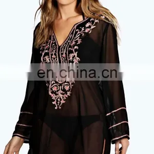 OVERSIZED EMBROIDERED PONCHO KAFTAN Slim V-neck Embroidered Poncho/ Short Kaftan For Women Summer Wear thumbnail-1