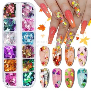 Hot Nail Enhancement Maple Leaf Sequins Autumn Net Red Fantasy Color Gradient Maple Leaf Thin Patch Nail Thanksgiving Nail thumbnail-1