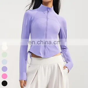 Custom Women Clothing Stand Up Collar Full Zip Drawstring Sports Tops Long Sleeve Gym Fitness Short Jackets Women Yoga Jacket thumbnail-1
