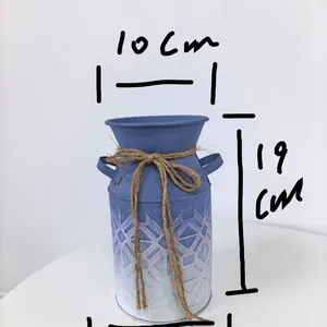 Blue White Metal Milk Can Vase With Jute Rope, Farmhouse Embossed Metal Pitcher for Home & Wedding Decor thumbnail-5