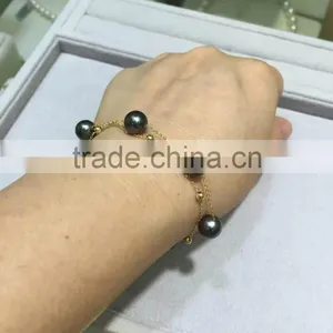 AAA 7.5-8mm Black Japanese Akoya Pearl With Gold Chain Bracelet thumbnail-1