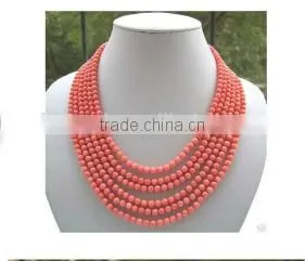 Wholesale 6 Rows 17-22 Inch 6mm Pink Round Coral Beads Necklace Jewelry Set thumbnail-1