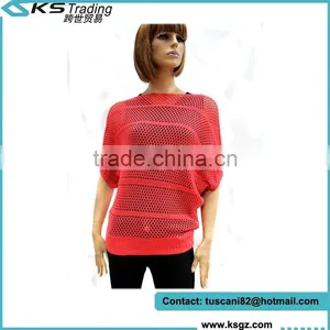 Women Red Sheer Crochet Knitwear Pullovers Sexy Mid-Sleeve Shirts Top thumbnail-1