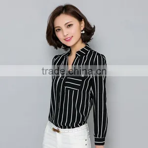 Womens Scarf Collar Long Sleeve V-neck Chiffon Striped Casual Blouse 2016 thumbnail-2