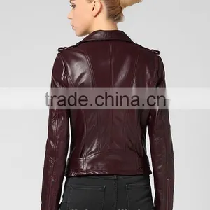 Newest German Style Lady Pure Lambskin Trendy Red Wine Leather Jacket thumbnail-4
