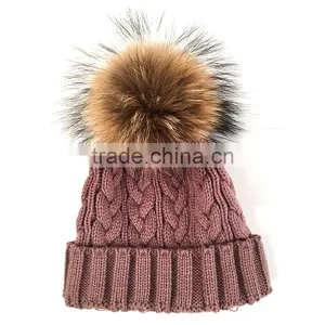 Myfur Light Purple Real Large Raccoon Fur Pom Poms Knit Hat Wholesale thumbnail-2
