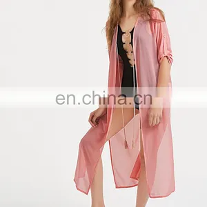 Tassel Tie Front Roll Sleeve Slit Beach Kimono thumbnail-4