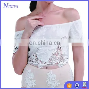 Fashion Boat Neck Off Shoulder Design Short Sleeve Lady Lace Cotton Tops Summer thumbnail-1