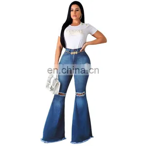 Women Denim High Waist Flare Pants Boyfriend Ripped Jeans Lady Skinny Bell Bottom Jeans Pant Wide Leg Mom Jeans Plus Size thumbnail-6