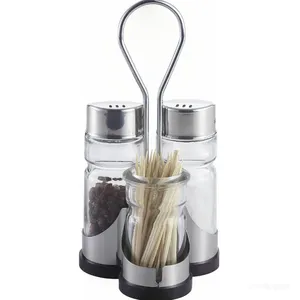 Glass Salt Pepper Toothpick Condiment Set With Stainless Steel Rack thumbnail-5