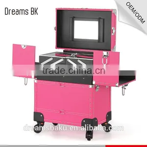 2016 Hot Selling Pink Color Functional Professional Trolley Case Makeup Box Cosmetic Display Case thumbnail-1
