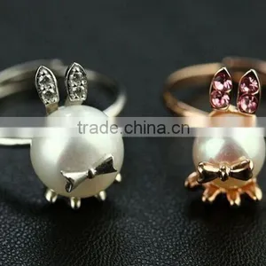 2015 New 18K Gold Plated Bunny Rabbit Pearl Stone Silver Cute Ring thumbnail-4
