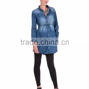 Washed Denim Maternity Support Band Long Shirt Style Dress thumbnail-3