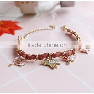 Enamel Magic Charms Bracelet Gold Chain and Suede Leather Handwoven Bracelet Lovely Charms Bracelet thumbnail-2