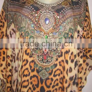 ANIMAL Print Crystal Embellished Caftan Crepe KAFTAN Tunic Poncho Blouse thumbnail-4