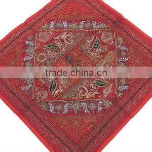 Large Square Pillow Sham - Red Zari Embroidery Peacock Floor Cushion 26 Inch thumbnail-1