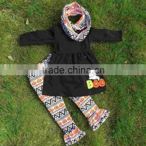 2-7t FALL/Winter Kids OUTFITS 3 Pieces Scarf Pant Sets Pumpkin Aztec Girls Halloween Boutique Clothes Kids Brown Top Sets thumbnail-2